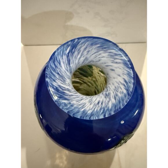 Signed Art Glass Bud Vase Cobalt Blue Greens Art Glass Vase 5x4 Inches - Picture 3 of 6
